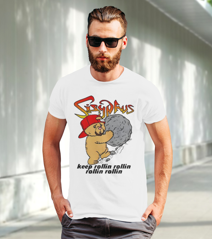 Sisyphus Keep Rollin Rollin Rollin Rollin Bear With Boulder Red Cap T-Shirt
