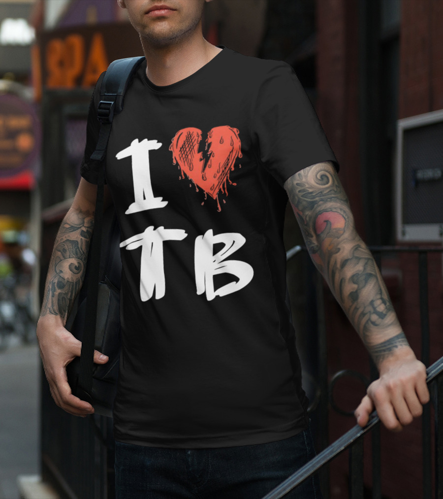 I Love TB Heart Icon With Dripping Red And Black Details Tragedy Boiz T-Shirt