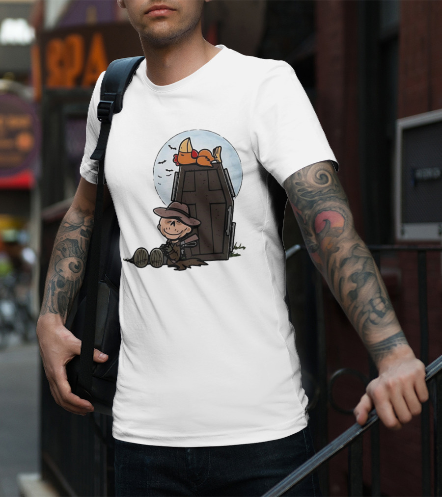 Ghoul And A Chicken From Fallout Peanuts Style Sitting By Coffin Under Moon With Bats T-Shirt