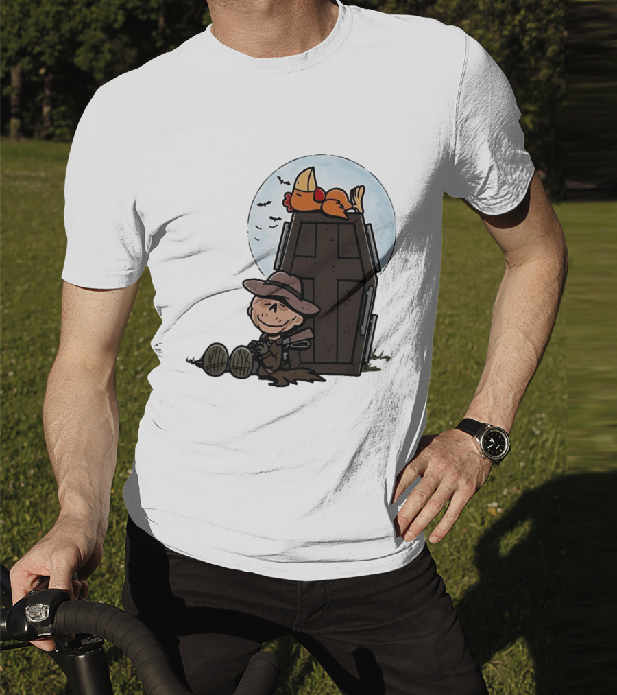 Ghoul And A Chicken From Fallout Peanuts Style Sitting By Coffin Under Moon With Bats T-Shirt