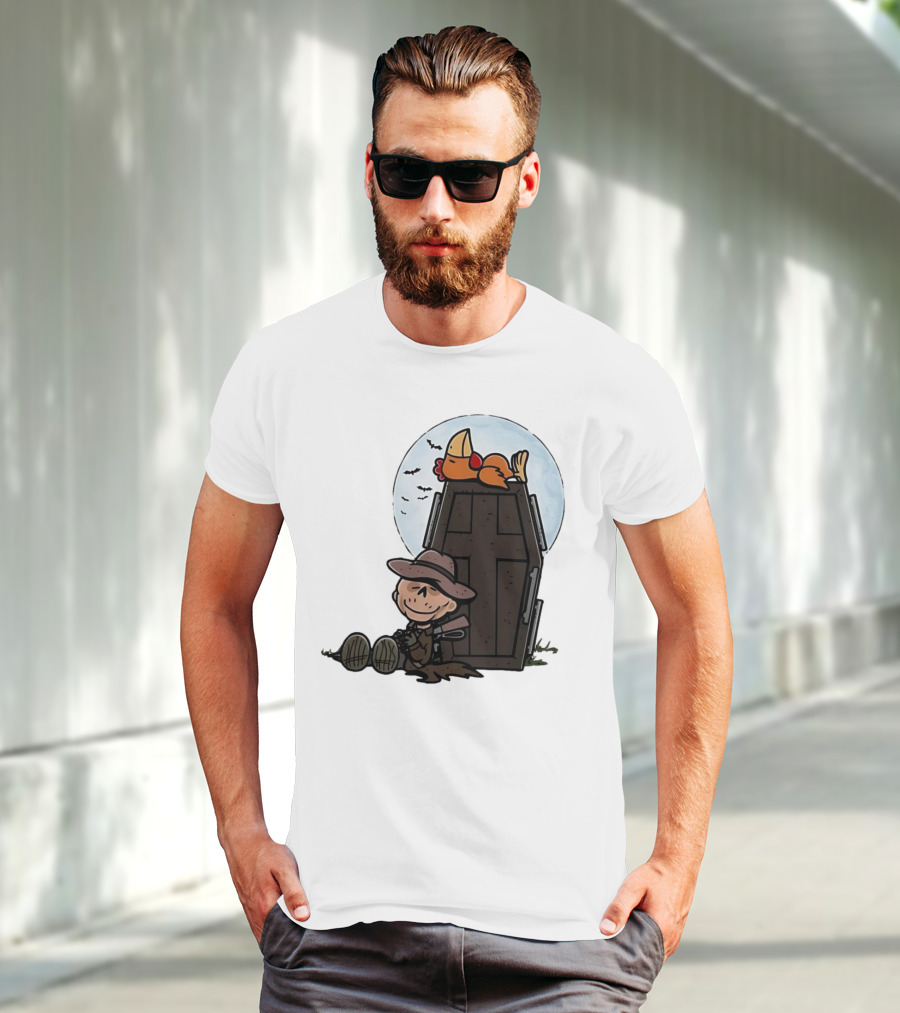 Ghoul And A Chicken From Fallout Peanuts Style Sitting By Coffin Under Moon With Bats T-Shirt