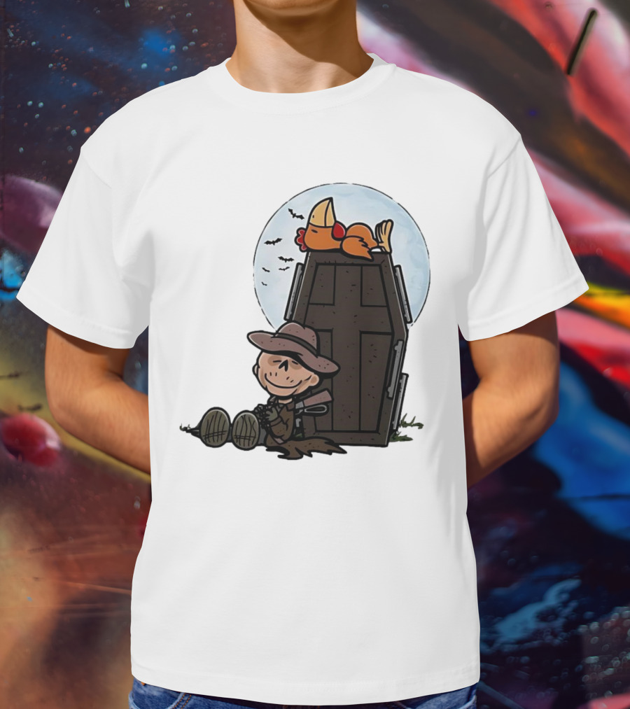 Ghoul And A Chicken From Fallout Peanuts Style Sitting By Coffin Under Moon With Bats T-Shirt