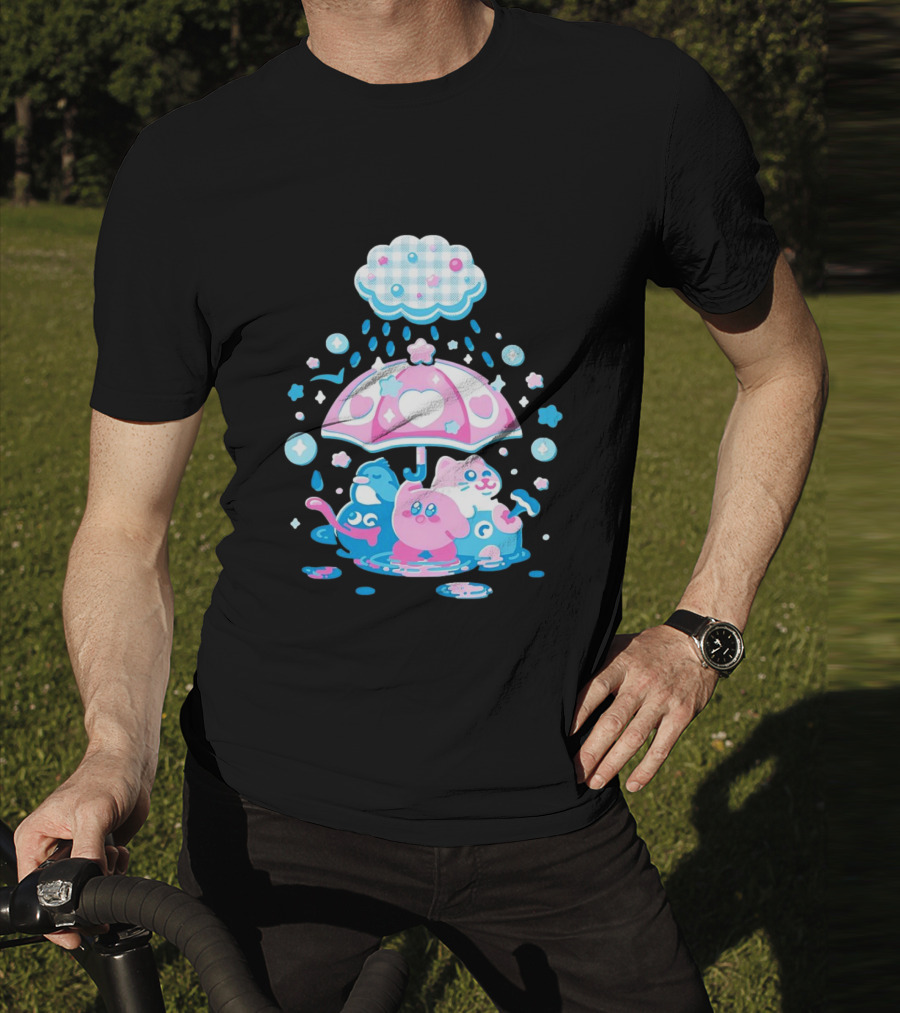 Kirby Gooey And Rick Under Heart Umbrella With Stars And Raindrops T-Shirt
