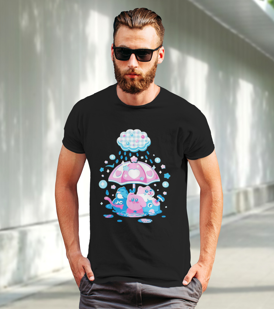 Kirby Gooey And Rick Under Heart Umbrella With Stars And Raindrops T-Shirt
