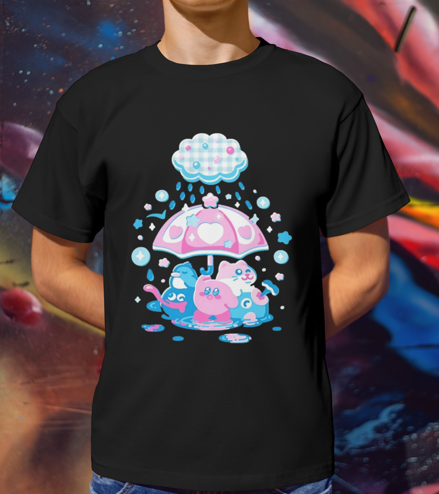 Kirby Gooey And Rick Under Heart Umbrella With Stars And Raindrops T-Shirt