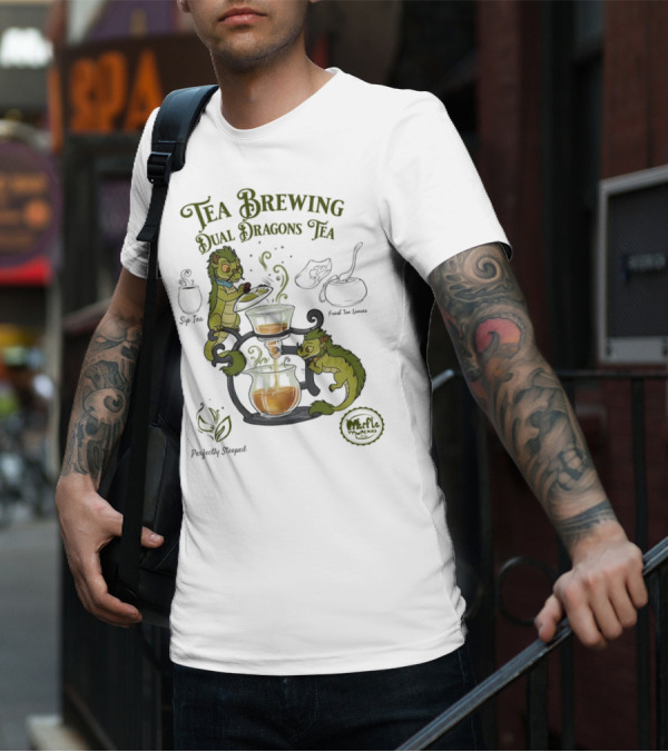 Tea Brewing Dual Dragons Sip Tea Perfectly Steeped Leaf And Kettle T-Shirt