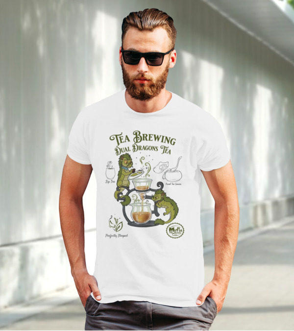 Tea Brewing Dual Dragons Sip Tea Perfectly Steeped Leaf And Kettle T-Shirt