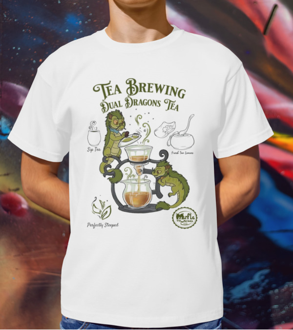 Tea Brewing Dual Dragons Sip Tea Perfectly Steeped Leaf And Kettle T-Shirt