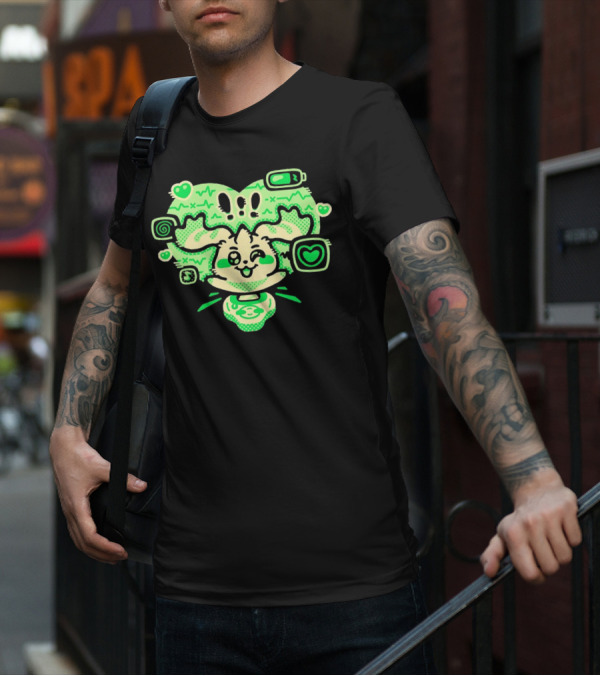 Terriermon Digimon Iconic Green Heartbeat Motif With Digital Symbols T-Shirt