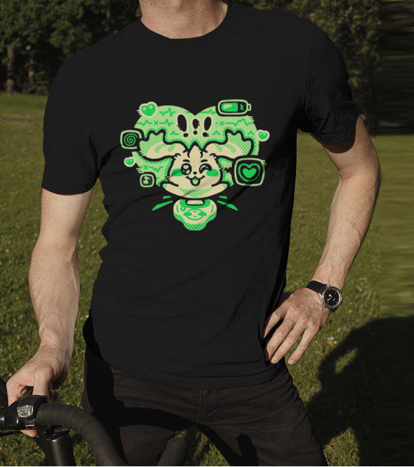 Terriermon Digimon Iconic Green Heartbeat Motif With Digital Symbols T-Shirt