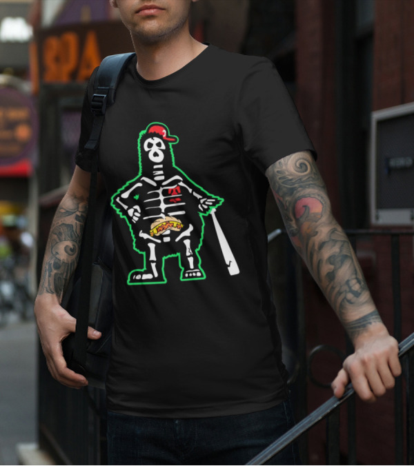 Phillie Phanatic Skeleton With Baseball Bat And Hot Dog Belly T-Shirt