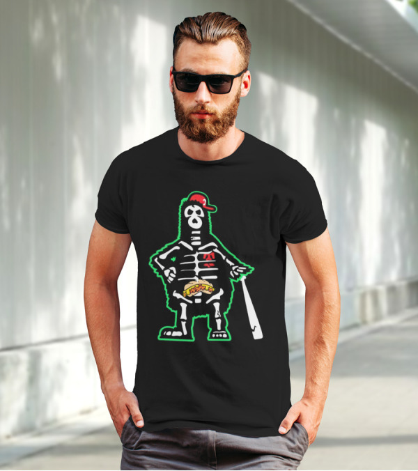 Phillie Phanatic Skeleton With Baseball Bat And Hot Dog Belly T-Shirt