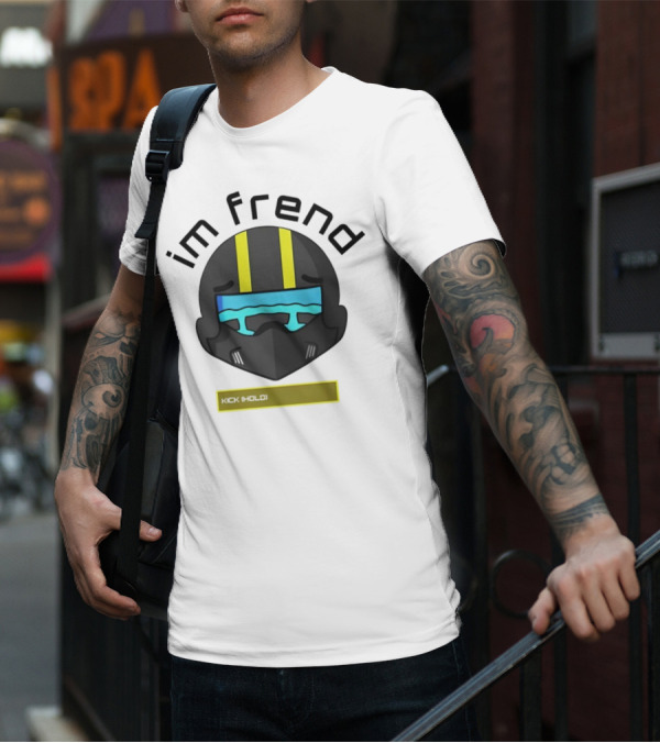 Im Frend Kick Hold Black Helmet Yellow Stripes Blue Visor T-Shirt