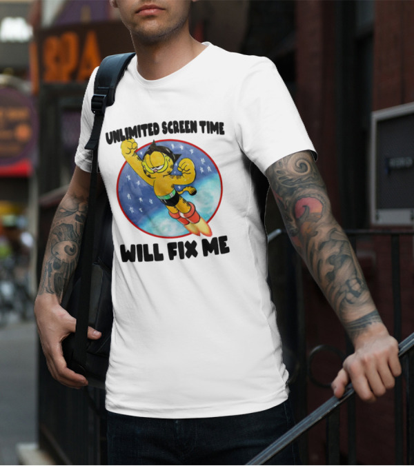 Unlimited Screen Time Will Fix Me Garfield Superhero Flight T-Shirt