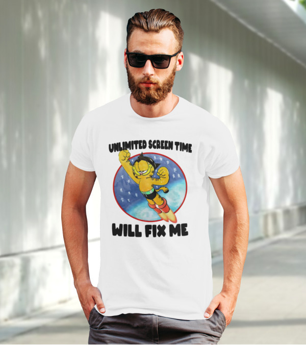Unlimited Screen Time Will Fix Me Garfield Superhero Flight T-Shirt