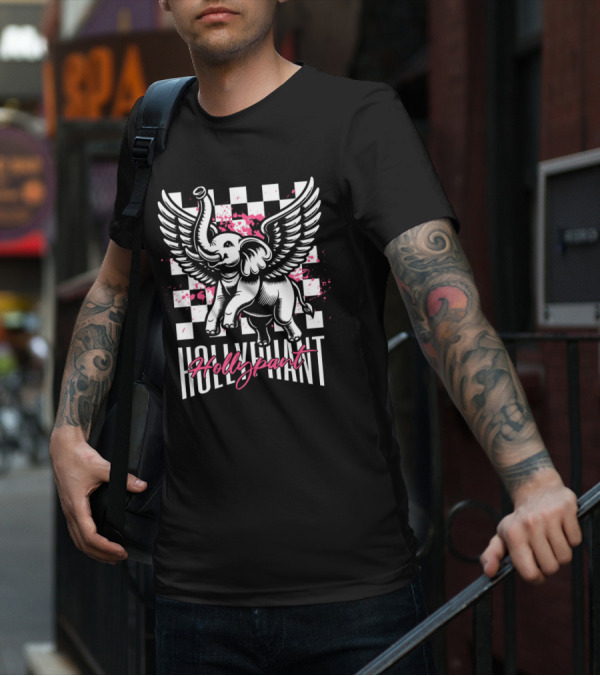 Hollypant Flying Elephant Checkered Pink Splatters T-Shirt