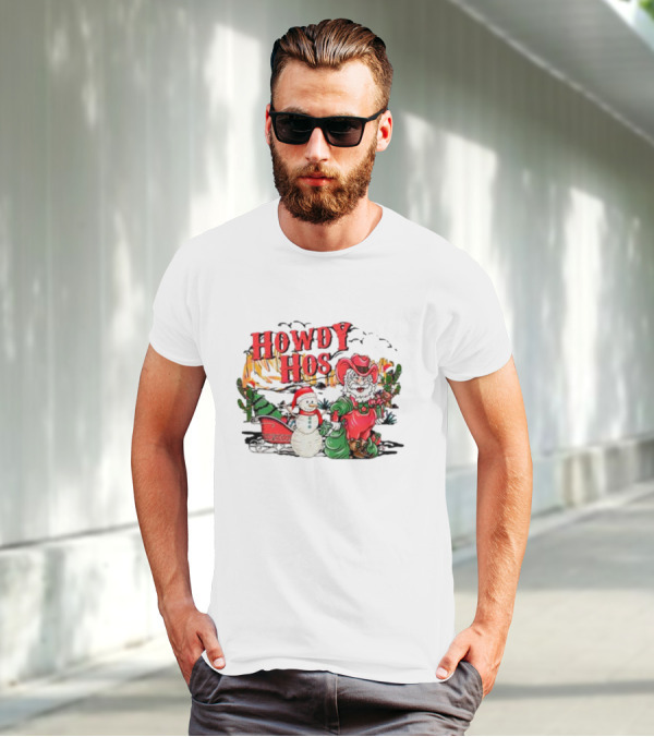 Howdy Hos Santa Snowman Sled Cowboy Christmas Scene T-Shirt