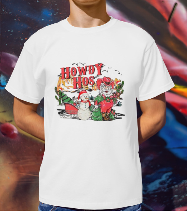 Howdy Hos Santa Snowman Sled Cowboy Christmas Scene T-Shirt