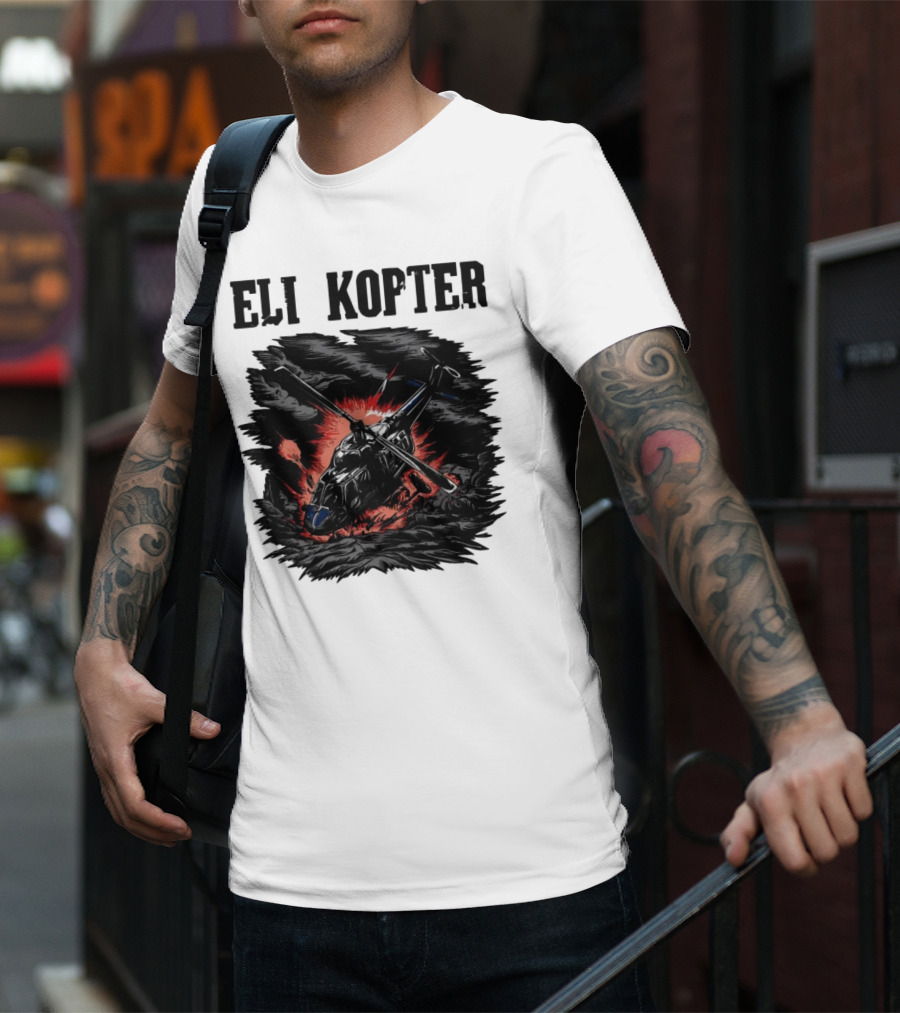 Eli Kopter Helicopter In Stormy Sky With Red Explosion T-Shirt