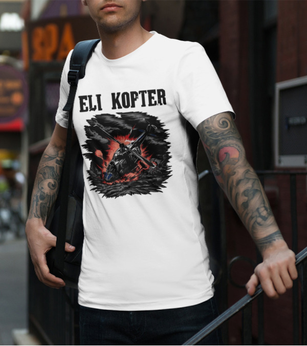 Eli Kopter Helicopter In Stormy Sky With Red Explosion T-Shirt