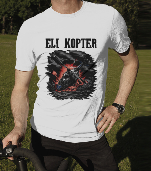 Eli Kopter Helicopter In Stormy Sky With Red Explosion T-Shirt
