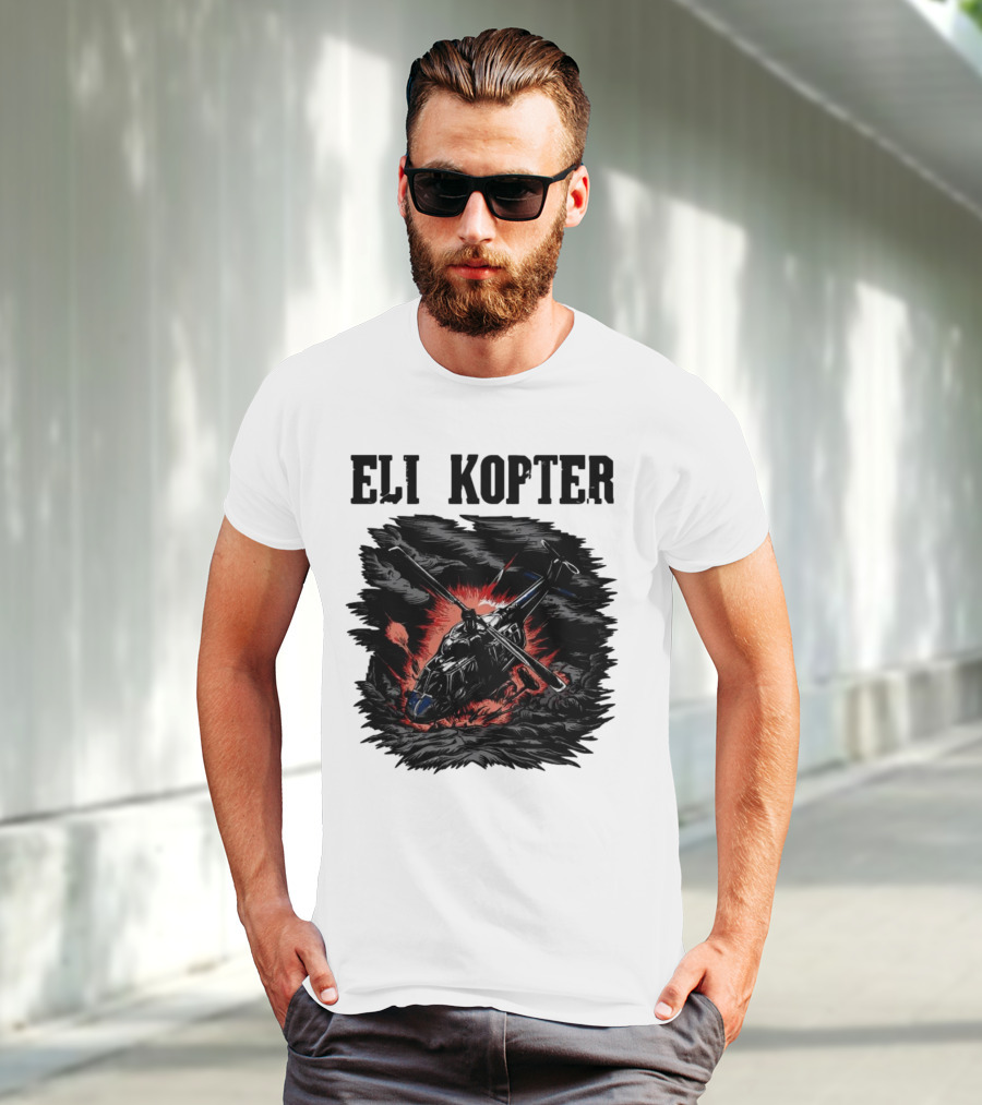 Eli Kopter Helicopter In Stormy Sky With Red Explosion T-Shirt