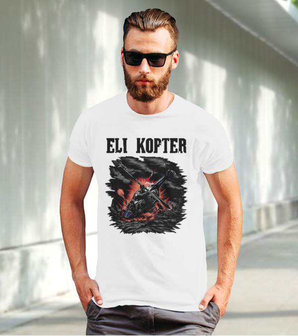 Eli Kopter Helicopter In Stormy Sky With Red Explosion T-Shirt
