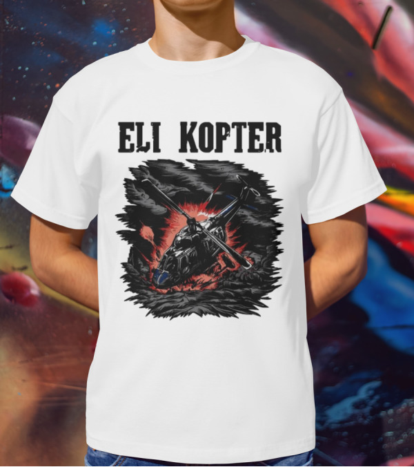 Eli Kopter Helicopter In Stormy Sky With Red Explosion T-Shirt
