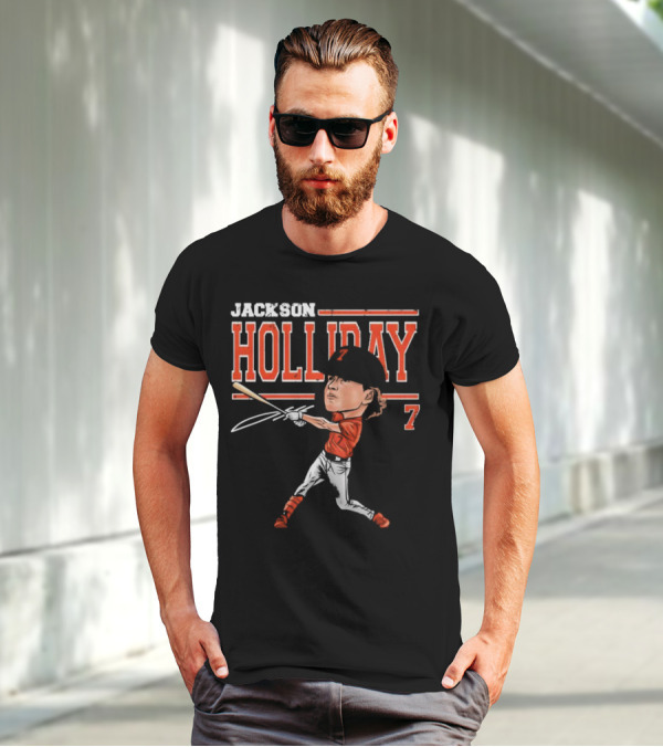 Jackson Holliday Baltimore Orioles Cartoon Batting Stance Number 7 T-Shirt