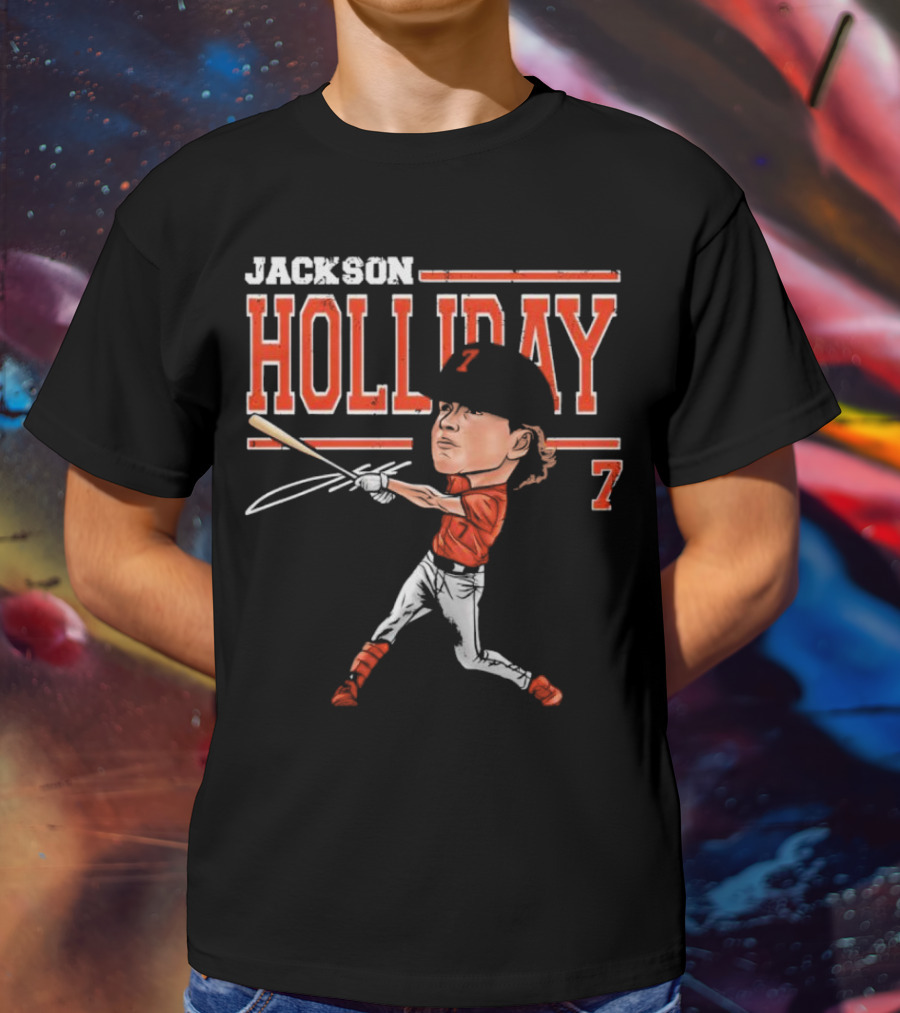 Jackson Holliday Baltimore Orioles Cartoon Batting Stance Number 7 T-Shirt