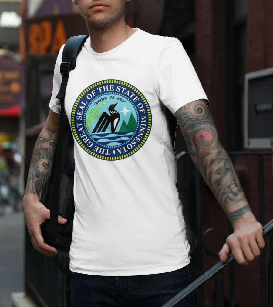 The Great Seal Of The State Of Minnesota Bring Ya Ass Black Bird Mountains Waves Star T-Shirt