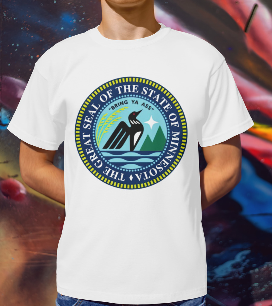 The Great Seal Of The State Of Minnesota Bring Ya Ass Black Bird Mountains Waves Star T-Shirt