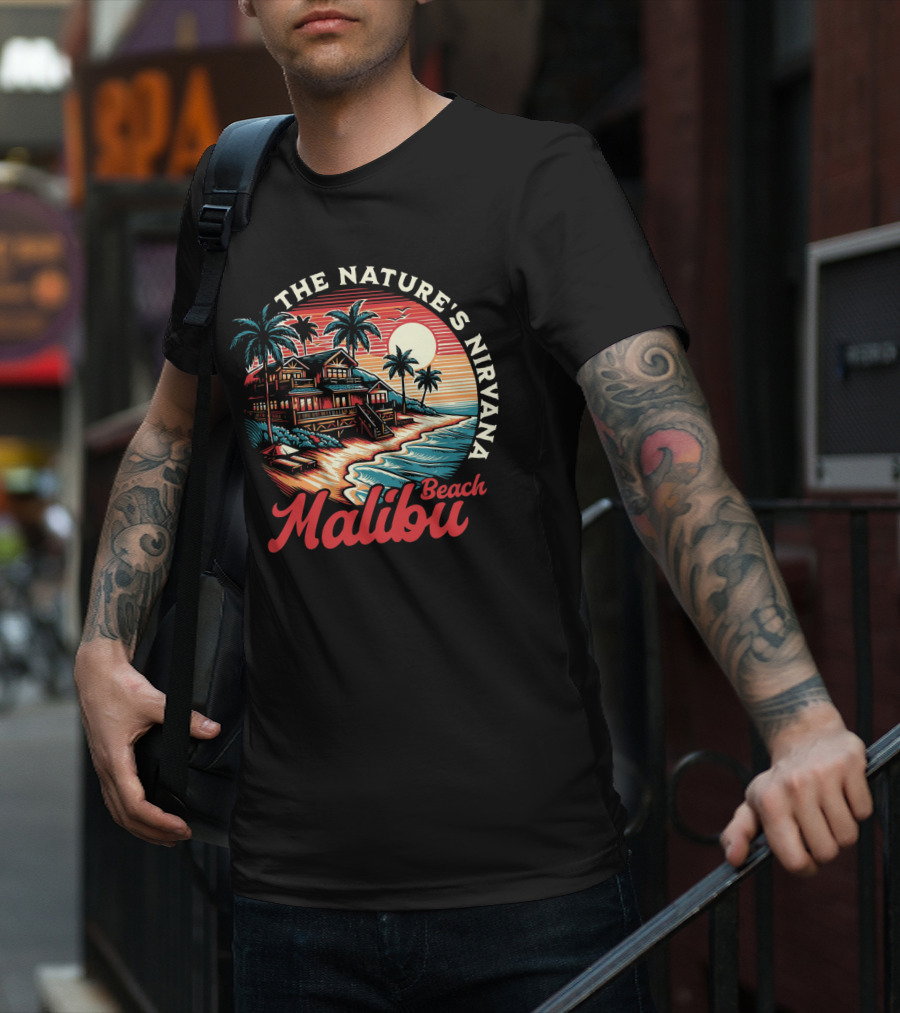 The Nature's Nirvana Malibu Beach Retro Sunset Scene T-Shirt