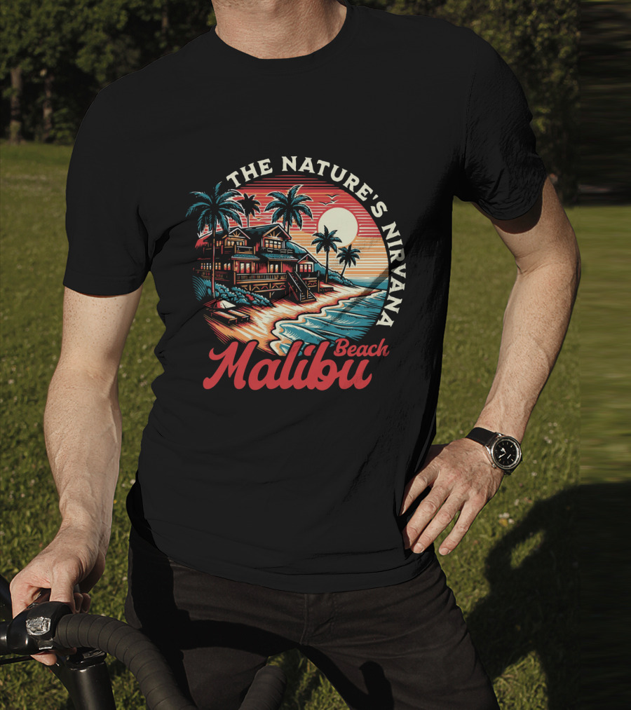The Nature's Nirvana Malibu Beach Retro Sunset Scene T-Shirt