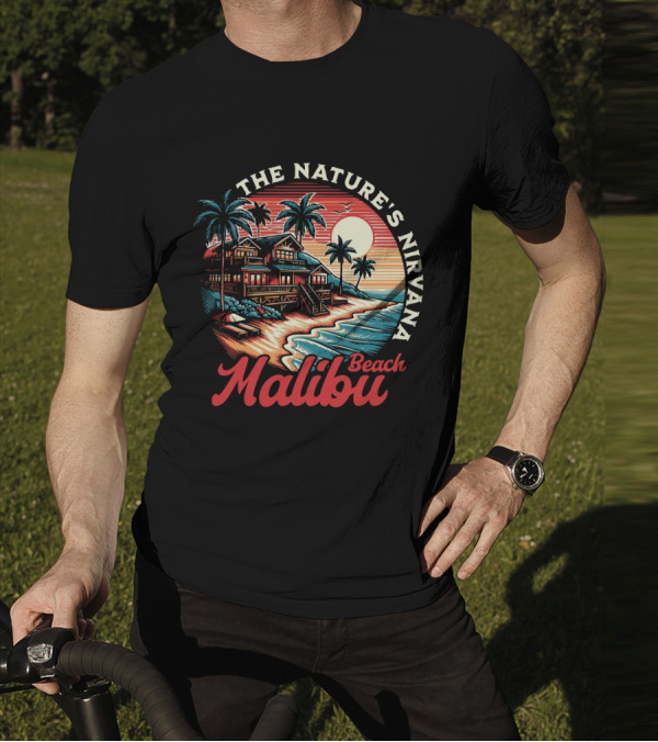 The Nature's Nirvana Malibu Beach Retro Sunset Scene T-Shirt