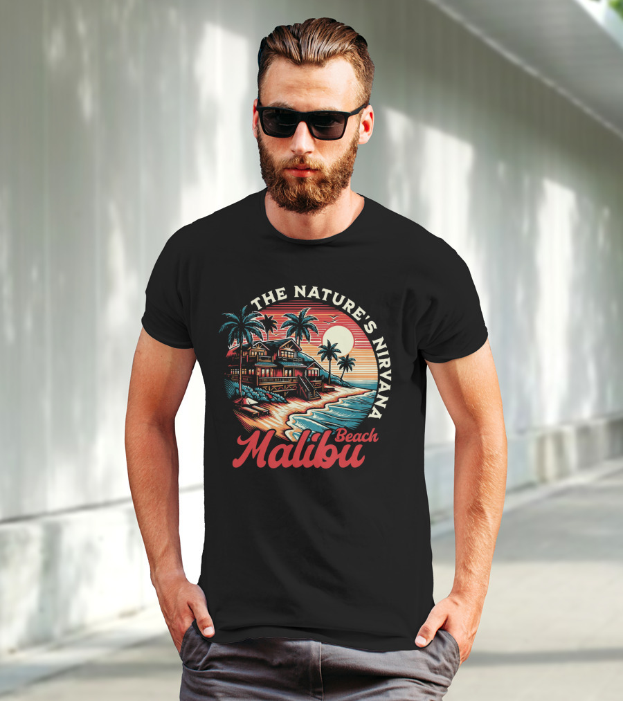 The Nature's Nirvana Malibu Beach Retro Sunset Scene T-Shirt