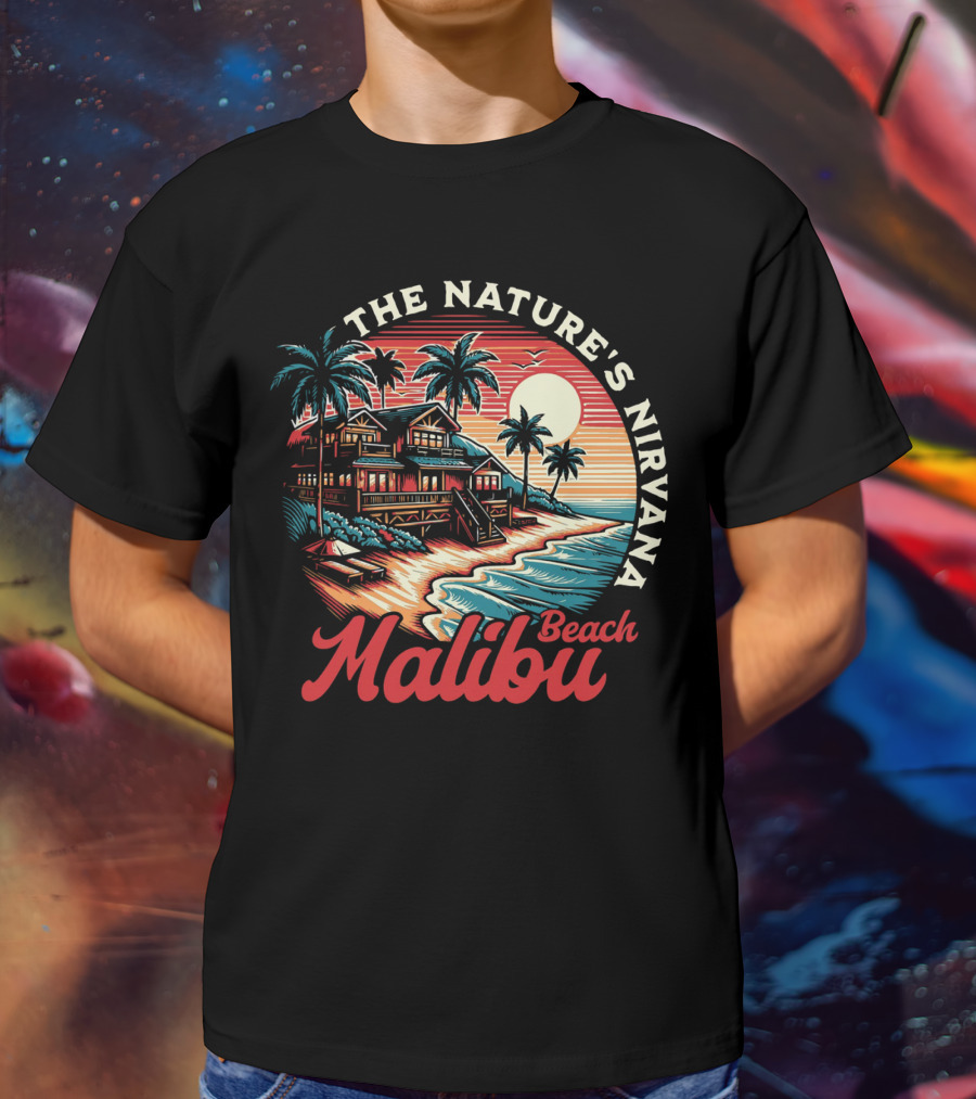 The Nature's Nirvana Malibu Beach Retro Sunset Scene T-Shirt