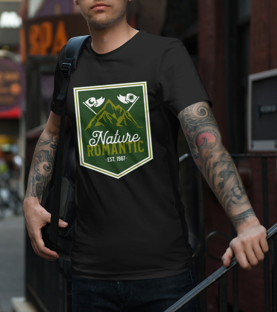 Nature Romantic Est. 1987 Mountain Adventure Sun Moon Flags T-Shirt