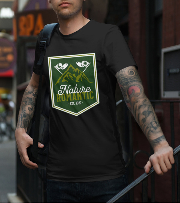 Nature Romantic Est. 1987 Mountain Adventure Sun Moon Flags T-Shirt
