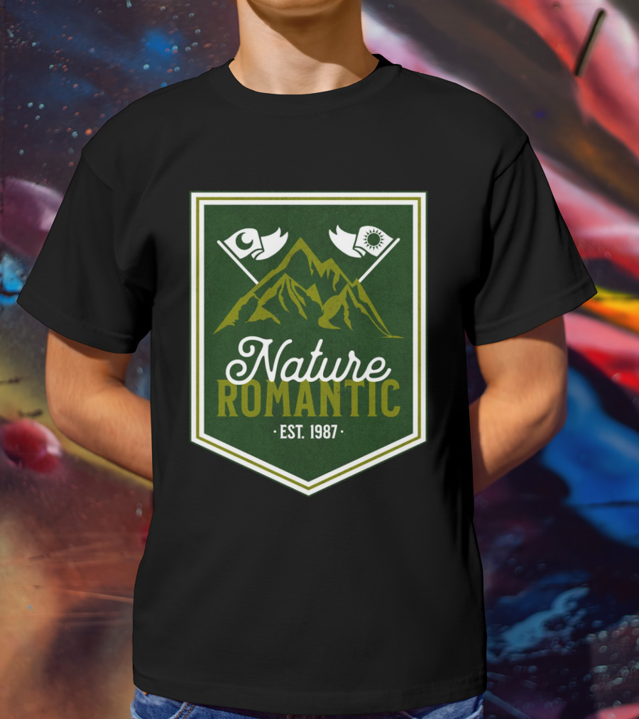 Nature Romantic Est. 1987 Mountain Adventure Sun Moon Flags T-Shirt