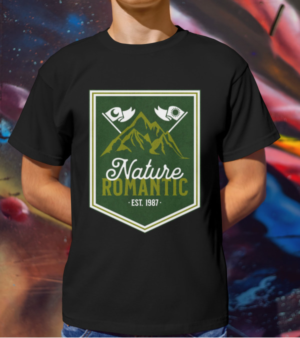 Nature Romantic Est. 1987 Mountain Adventure Sun Moon Flags T-Shirt
