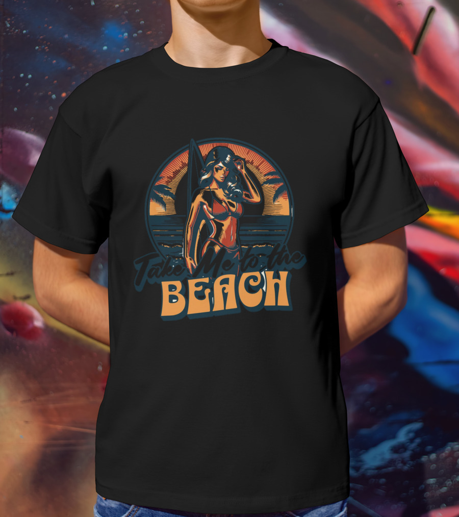Take Me To The Beach Surfing Sunset With Tropical Vibes And Palm Trees T-Shirt