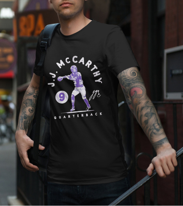 J.J. McCarthy Quarterback 9 Signature Football T-Shirt