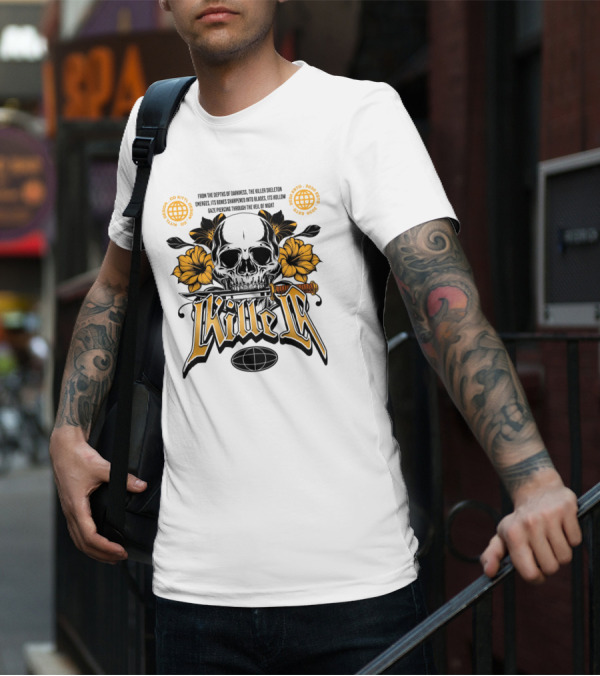 Killer Skeleton Dark Skull With Sword And Flowers T-Shirt