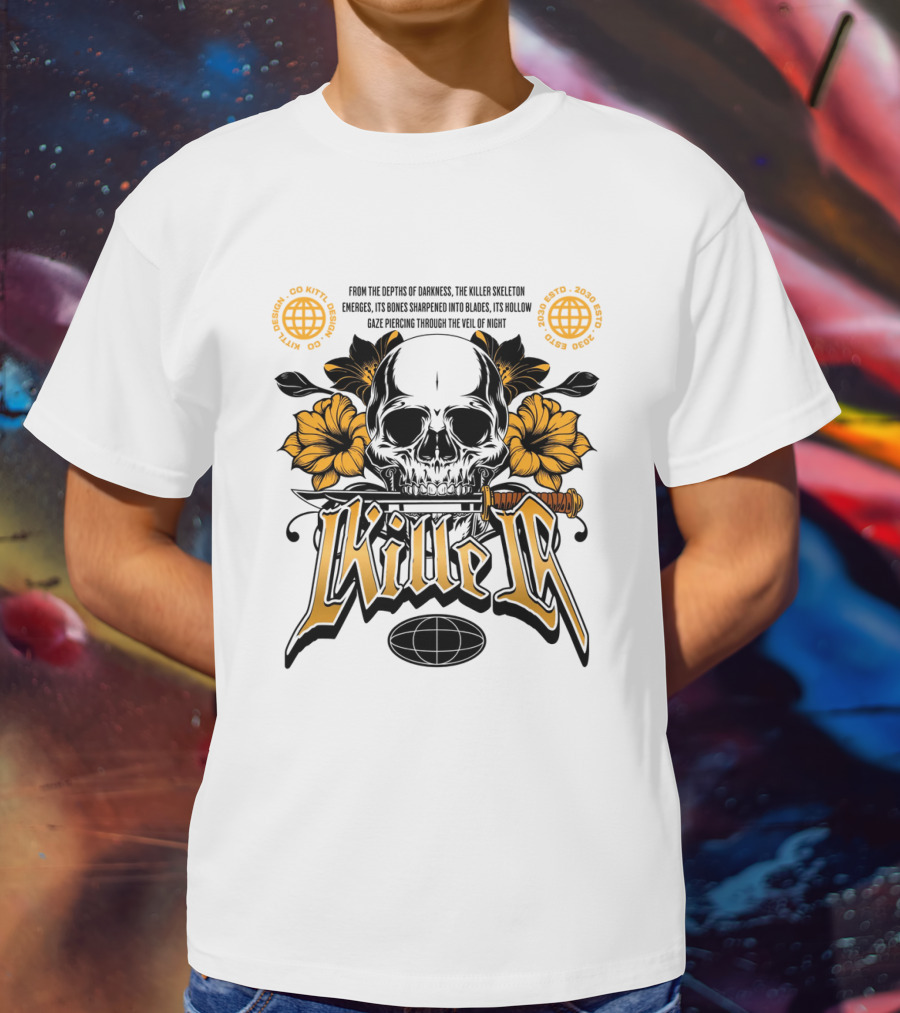 Killer Skeleton Dark Skull With Sword And Flowers T-Shirt