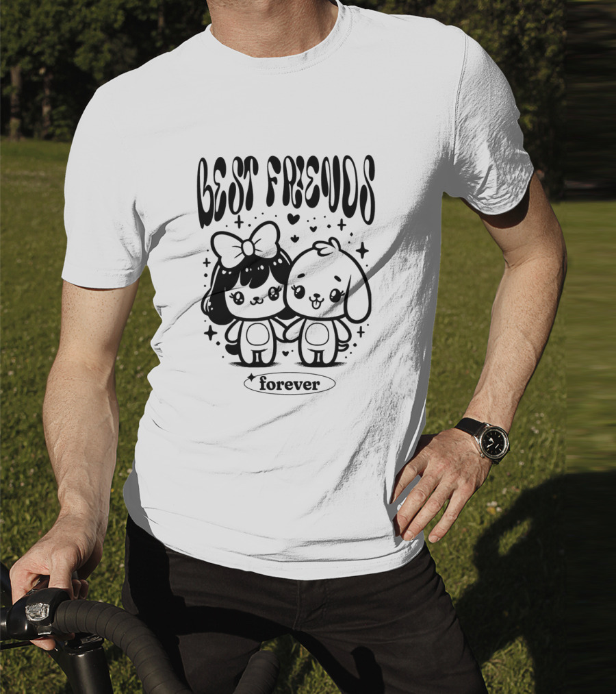 BEST FRIENDS FOREVER Cute Cartoon Characters Holding Hands With Hearts And Stars T-Shirt