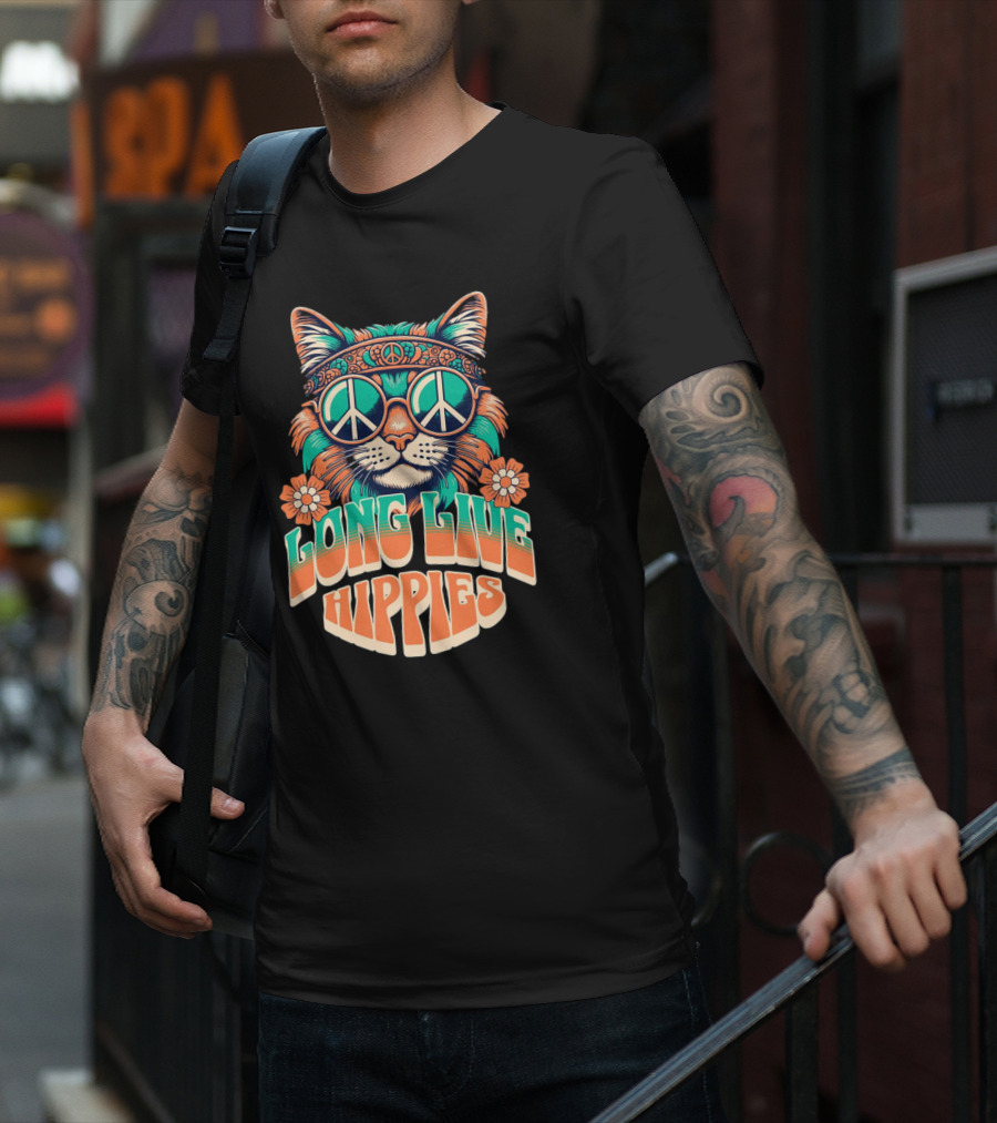 Long Live Hippies Cat With Peace Sign Glasses And Flowers T-Shirt