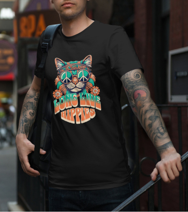 Long Live Hippies Cat With Peace Sign Glasses And Flowers T-Shirt