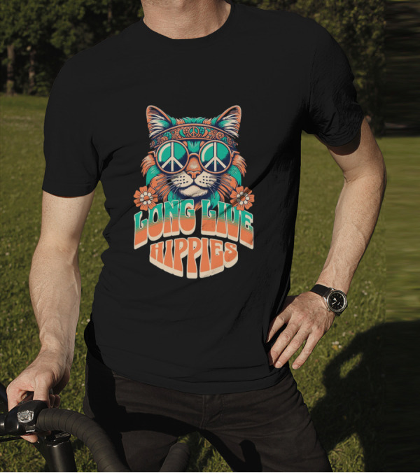 Long Live Hippies Cat With Peace Sign Glasses And Flowers T-Shirt