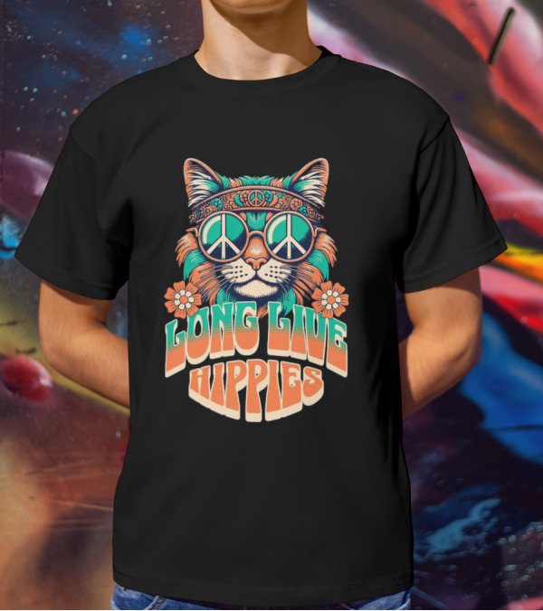 Long Live Hippies Cat With Peace Sign Glasses And Flowers T-Shirt